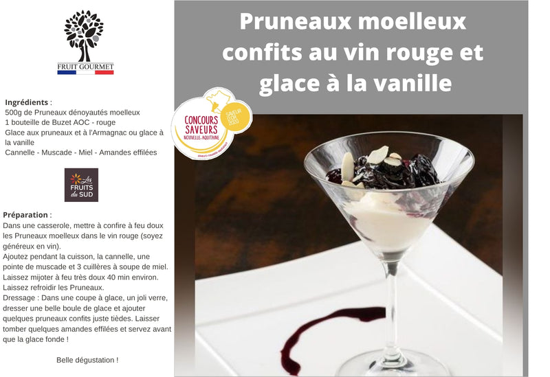 Pruneaux moelleux confits au vin rouge et glace à la vanille 